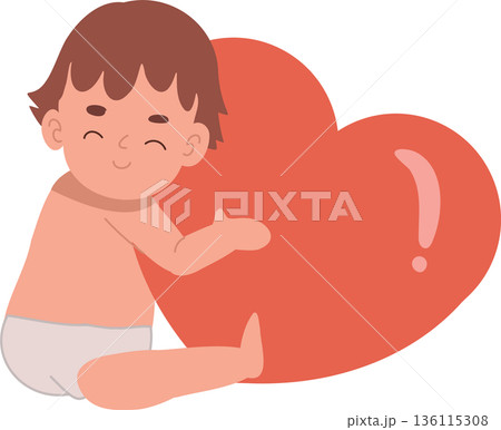 cute baby sitting and hugging an oversized red heart, showing family care, affection, kindness, and warmth cute baby sitting and hugging an oversized red heart, showing family care, affection, kindness, and warmth 136115308
