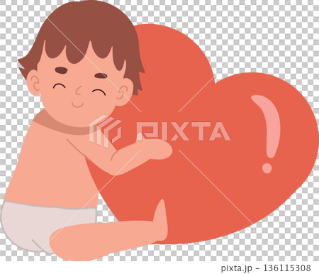cute baby sitting and hugging an oversized red heart, showing family care, affection, kindness, and warmth cute baby sitting and hugging an oversized red heart, showing family care, affection, kindness, and warmth 136115308