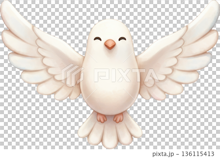 A cute white dove flying with its wings spread wide 136115413