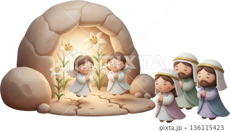 Angels appear to praying people at the Easter tomb with lilies Angels appear to praying people at the Easter tomb with lilies 136115423