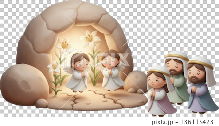 Angels appear to praying people at the Easter tomb with lilies Angels appear to praying people at the Easter tomb with lilies 136115423