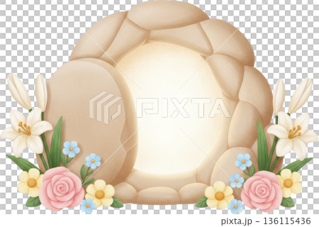 Empty stone tomb glowing with light and surrounded by Easter flowers 136115436