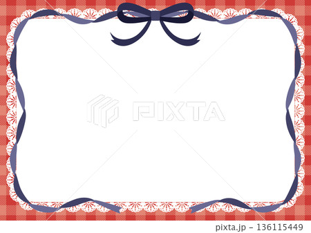 赤いギンガムチェックとレースの飾り枠 ネイビーのリボンがおしゃれなガーリーなメッセージカード背景 赤いギンガムチェックとレースの飾り枠 ネイビーのリボンがおしゃれなガーリーなメッセージカード背景 136115449