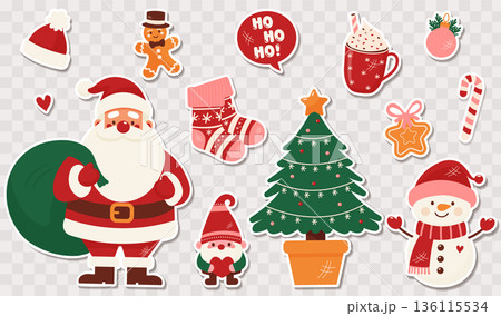 Christmas stickers set with Santa Claus snowman tree and gingerbread vector illustration. 136115534