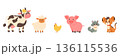 Cute farm and domestic animals set with cow sheep pig chicken cat dog vector illustration. 136115536