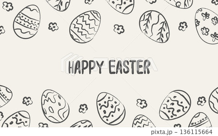 Hand drawn whimsical Easter banner with doodle egg border and flowers. Naive sketch style spring greeting card with imperfect ink texture and playful lettering for seasonal design. Vector illustration 136115664