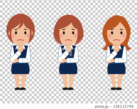 あごに手を当て悩み顔。ネイビー事務服の若い女性 あごに手を当て悩み顔。ネイビー事務服の若い女性 136115749