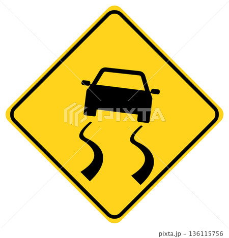 Slippery road sign. Slippery when wet road. Road sign warning of slippery conditions. Yellow wet road symbol. flat style. 136115756