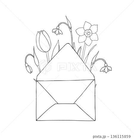 Vector composition with open paper envelope, snowdrop, easter daffodil and tulip flowers. Graphic spring blank, hand drawn illustration isolated on background. Botanical and wedding clip art. For 136115859