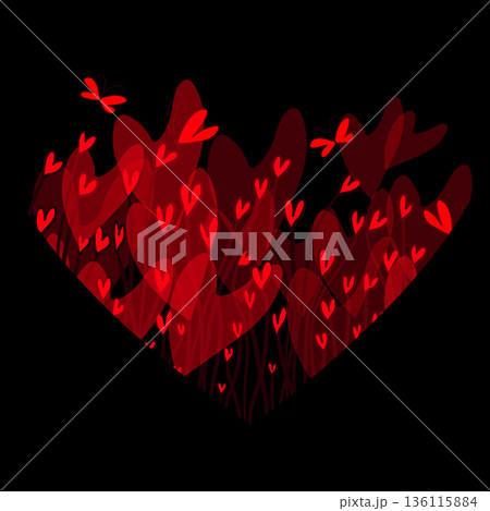 Red hearts on black. Happy Valentine's Day postcard. Hand drawn. Not AI, vector illustration. 136115884