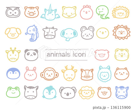手描きのかわいい動物カラー線画アイコンセット 136115900