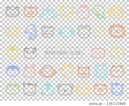 手描きのかわいい動物カラー線画アイコンセット 136115900