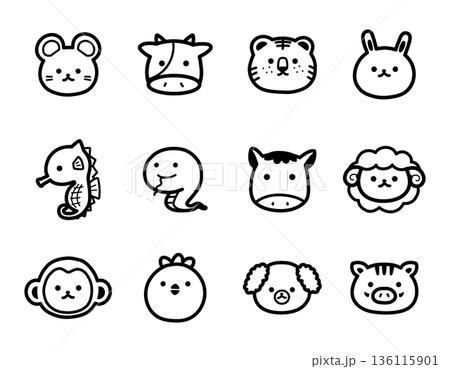 手描きのかわいい十二支アイコンセット 136115901
