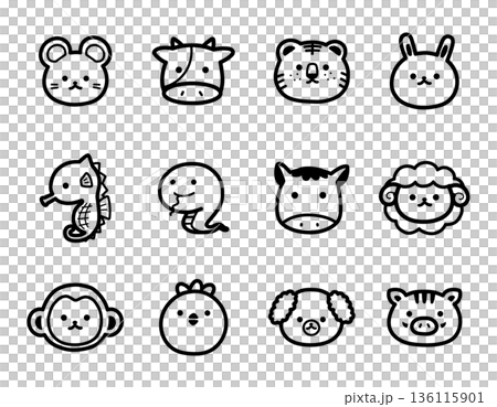 手描きのかわいい十二支アイコンセット 136115901