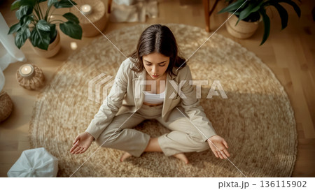 Young woman yoga meditating in a cozy room with a rug and candles. Peaceful atmosphere for mindfulness and stress relief. Concept of wellness, relaxation, mental health, and meditation practice. 136115902
