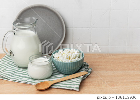Fresh dairy products with milk yogurt and cottage cheese 136115930