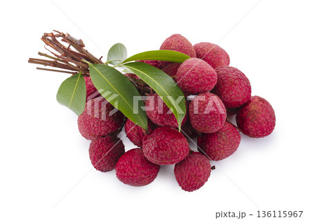 Fresh lychees and leaves isolated on a white background Fresh lychees and leaves isolated on a white background 136115967