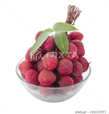 Fresh lychees and leaves isolated on a white background Fresh lychees and leaves isolated on a white background 136115971