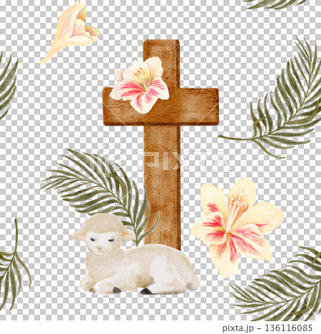 Seamless pattern with cross, lamb, palm leaves and lilies, hand-painted watercolor, calm Christian composition for Easter design, faith branding, textiles, packaging, stationery, seasonal backgrounds. 136116085