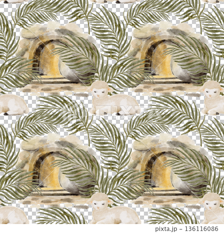 Resurrection scene seamless pattern empty tomb, palm leaves, lamb, hand-painted watercolor, Christian composition for Easter designs, faith branding, packaging, textiles, backgrounds. Soft earth tones Resurrection scene seamless pattern empty tomb, palm leaves, lamb, hand-painted watercolor, Christian composition for Easter designs, faith branding, packaging, textiles, backgrounds. Soft earth tones 136116086