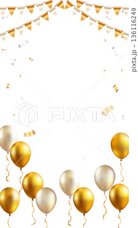 金色の風船とガーランドの縦長フレーム（背景透過）　パーティーやお祝いの飾り枠素材 136116249