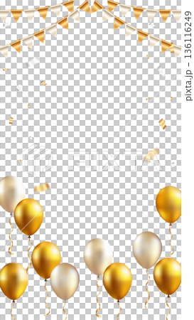 金色の風船とガーランドの縦長フレーム（背景透過）　パーティーやお祝いの飾り枠素材 136116249