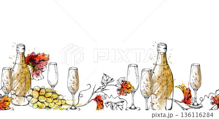 Sparkling champagne bottle with bubbly flute glass, grape clusters and leafy vines seamless banner in watercolor and ink. Isolated illustration hand drawn for luxury holiday branding, party stationery Sparkling champagne bottle with bubbly flute glass, grape clusters and leafy vines seamless banner in watercolor and ink. Isolated illustration hand drawn for luxury holiday branding, party stationery 136116284