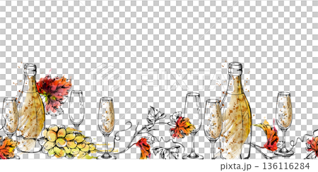 Sparkling champagne bottle with bubbly flute glass, grape clusters and leafy vines seamless banner in watercolor and ink. Isolated illustration hand drawn for luxury holiday branding, party stationery Sparkling champagne bottle with bubbly flute glass, grape clusters and leafy vines seamless banner in watercolor and ink. Isolated illustration hand drawn for luxury holiday branding, party stationery 136116284