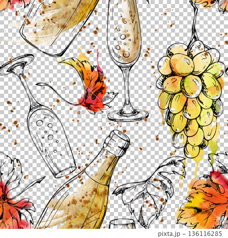 Champagne seamless pattern. Bottle, flute glass, sparkling fizzy wine, grape fruit and leaves hand painted in watercolor, ink. Luxury labels, boutique textiles, advertising layouts, seasonal promotion Champagne seamless pattern. Bottle, flute glass, sparkling fizzy wine, grape fruit and leaves hand painted in watercolor, ink. Luxury labels, boutique textiles, advertising layouts, seasonal promotion 136116285