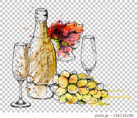 Champagne bottle with crystal flute, bubbles and fizz, grape bunch and leaf. Isolated illustration hand drawn in watercolor bleed and ink for festive menus, marketing visuals, anniversary campaigns Champagne bottle with crystal flute, bubbles and fizz, grape bunch and leaf. Isolated illustration hand drawn in watercolor bleed and ink for festive menus, marketing visuals, anniversary campaigns 136116286