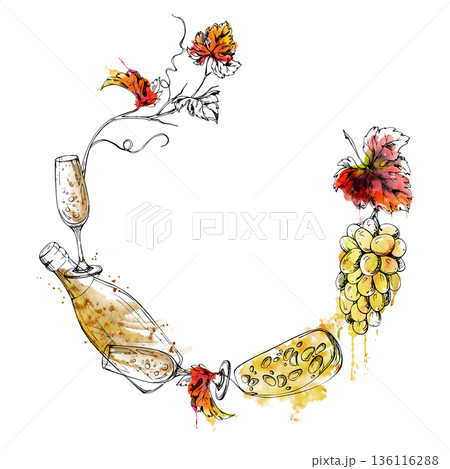 Festive frame with bubbly sparkling champagne bottle and flute glass, grape bunch and leafy vines, cheese hand drawn in watercolor and ink. Celebration invitations, holiday branding, luxury packaging 136116288