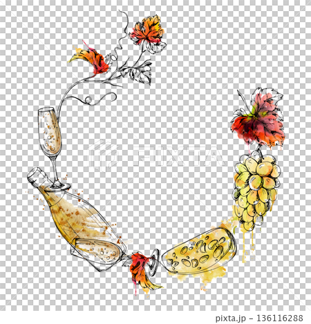 Festive frame with bubbly sparkling champagne bottle and flute glass, grape bunch and leafy vines, cheese hand drawn in watercolor and ink. Celebration invitations, holiday branding, luxury packaging 136116288