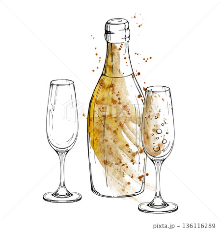 Champagne bottle with slender flute glass, bubbles and fizz in festive still life. Isolated illustration hand drawn in watercolor and ink for celebrations, holiday branding, menus, party stationery Champagne bottle with slender flute glass, bubbles and fizz in festive still life. Isolated illustration hand drawn in watercolor and ink for celebrations, holiday branding, menus, party stationery 136116289
