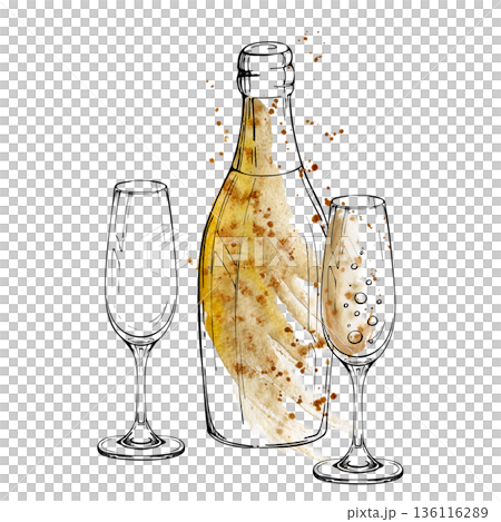 Champagne bottle with slender flute glass, bubbles and fizz in festive still life. Isolated illustration hand drawn in watercolor and ink for celebrations, holiday branding, menus, party stationery Champagne bottle with slender flute glass, bubbles and fizz in festive still life. Isolated illustration hand drawn in watercolor and ink for celebrations, holiday branding, menus, party stationery 136116289