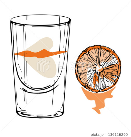 Vector Flatliner shot glass, clear vodka or tequila with tabasco stroke. Orange slice detail, juice liquid splatter. Hand drawn contour in ink for cocktail art prints, bar menu or cafe visual board. 136116290