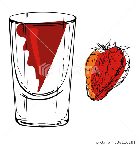 Bright red cocktail, tomato or fruit juice, lemonade with strawberry garnish. Punch, alcoholic beverage or spirits served in shot glass. Hand drawn ink vector for pop-style layouts or bar branding. Bright red cocktail, tomato or fruit juice, lemonade with strawberry garnish. Punch, alcoholic beverage or spirits served in shot glass. Hand drawn ink vector for pop-style layouts or bar branding. 136116291