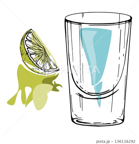 Vector Blue Kamikaze shot, cyan Electric Lemonade cocktail, exotic flavored energy drink in icy turquoise palette, citrus garnish. Hand drawn in ink for lifestyle sports bar designs, mixology layouts. Vector Blue Kamikaze shot, cyan Electric Lemonade cocktail, exotic flavored energy drink in icy turquoise palette, citrus garnish. Hand drawn in ink for lifestyle sports bar designs, mixology layouts. 136116292