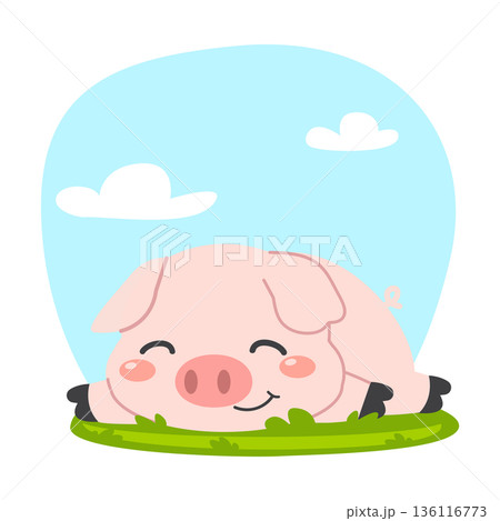 Cute Pig Sleeping on Grass Illustration 136116773