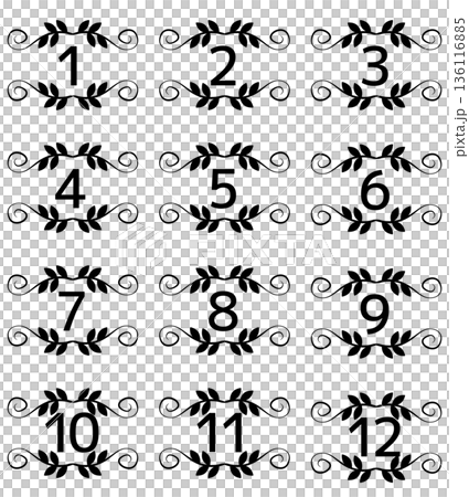 Set of antique-style leaf ornaments and number icons, ranking parts, plant decorative frames and numbers Set of antique-style leaf ornaments and number icons, ranking parts, plant decorative frames and numbers 136116885