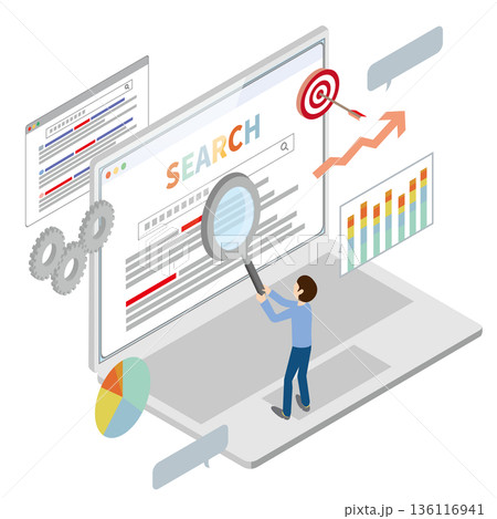 SEO対策イメージ　ルーペで検索する人 136116941