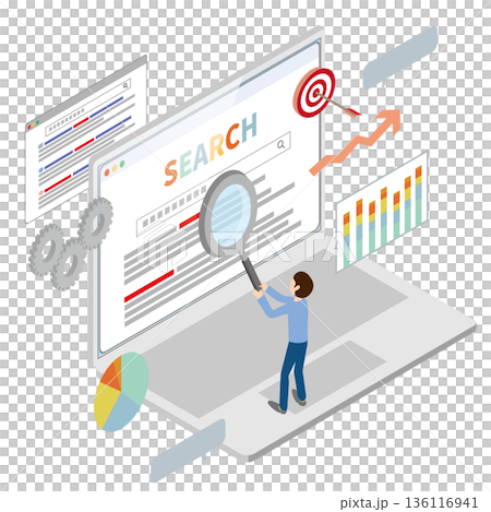 SEO対策イメージ　ルーペで検索する人 136116941