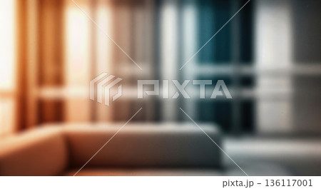Blurred background of modern living room interior with sofa curtain window warm sunlight perfect for virtual background presentation zoom backdrop design mockup 136117001