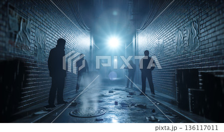 Group of dangerous criminals silhouettes standing in dark alleyway with blue light and fog urban crime scene with street gangs waiting for victim Group of dangerous criminals silhouettes standing in dark alleyway with blue light and fog urban crime scene with street gangs waiting for victim 136117011