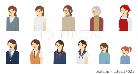 フラットイラスト：様々な年代の女性の上半身セット 136117025