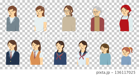 平面插畫：不同年齡層女性的上半身像 136117025