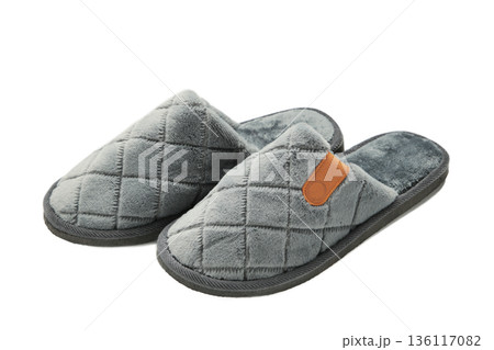 Household grey slippers isolated on white background Household grey slippers isolated on white background 136117082