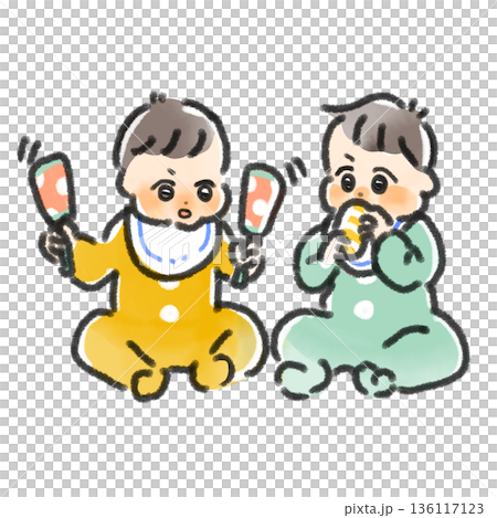 Illustration of two babies playing with toys and eating snacks. Watercolor style. Childcare and play illustration. 136117123