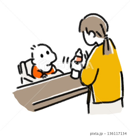 離乳食やミルクを準備する母親と赤ちゃんのイラスト シンプル 手描き 育児・食事の挿絵 136117134