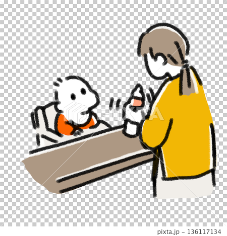 離乳食やミルクを準備する母親と赤ちゃんのイラスト シンプル 手描き 育児・食事の挿絵 136117134