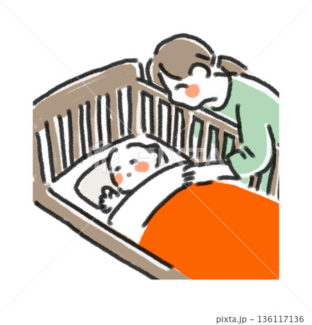 ベビーベッドで寝かしつけをする母親のイラスト シンプル 手描き 育児・睡眠・お昼寝の挿絵 136117136